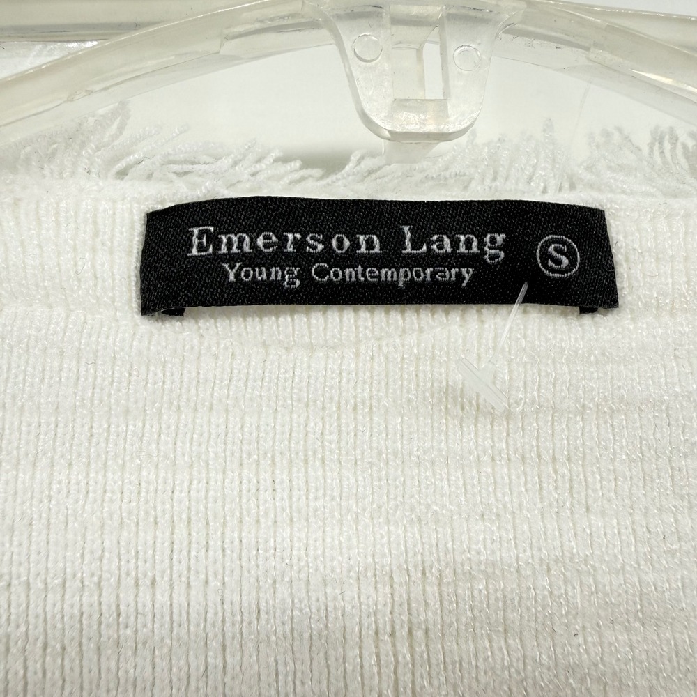 NWT Emerson Lang Womens Cream Ribbed Fringed Trim Button Front Cardigan Size S - Picture 4 of 10